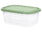 Transparante plastic voedselcontainer met groen deksel.