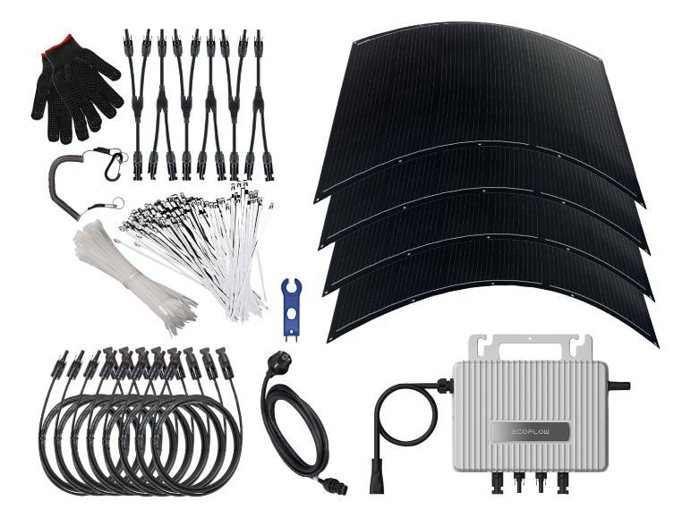 Zonnepaneelset met vier flexibele panelen, omvormer, kabels, connectoren en installatieaccessoires.