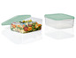 Twee transparante opbergdozen met groene deksels, één met salade