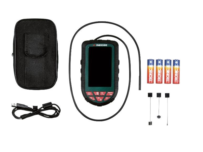 Parkside endoscoop met accessoires en batterijen.