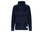 Donkerblauwe fleecejas met rits en capuchon.
