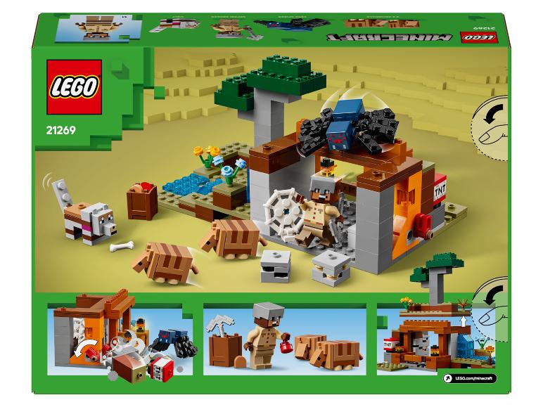 LEGO Minecraft set 21269 met een woestijnconstructie met een personage, dieren en een spin.