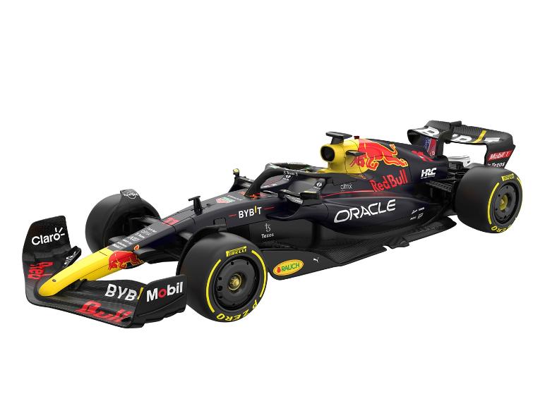 Een Red Bull Formule 1-auto met sponsors zoals Oracle en Bybit.
