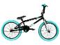 Zwarte BMX-fiets met felblauwe banden, zadel en stuur.