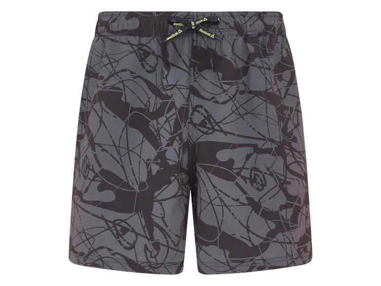 Heren zwemshort met grijs en donkergrijs abstract patroon, met trekkoord in de taille.