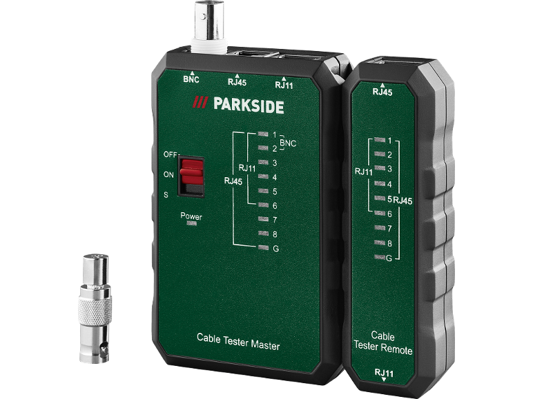 Parkside kabeltesterset met master- en remote-eenheid voor RJ11, RJ45 en BNC-connectoren.