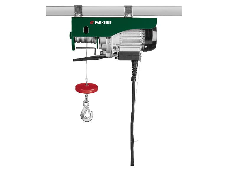 PARKSIDE elektrische takel met haak en staalkabel, gemonteerd aan een horizontale stang.