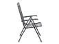 Donkergrijze metalen opvouwbare tuinstoel met armleuningen.