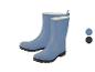 Een paar blauwe regenlaarzen met zwarte zolen en witte voering.