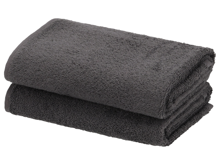 Twee grijze badhanddoeken op elkaar gestapeld.