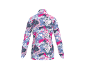 Dames top met lange mouwen en abstracte print in roze, blauw en wit.