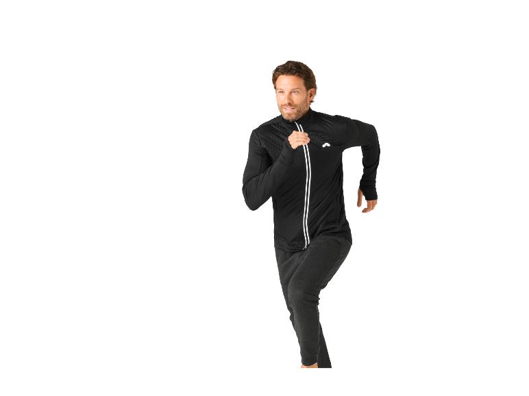 Man in zwart sportjack en donkergrijze joggingbroek rent.