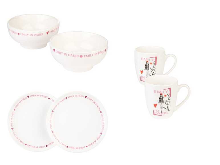 Twee bekers met het motief 'Emily in Paris' en twee kommen met de tekst 'Emily in Paris'.