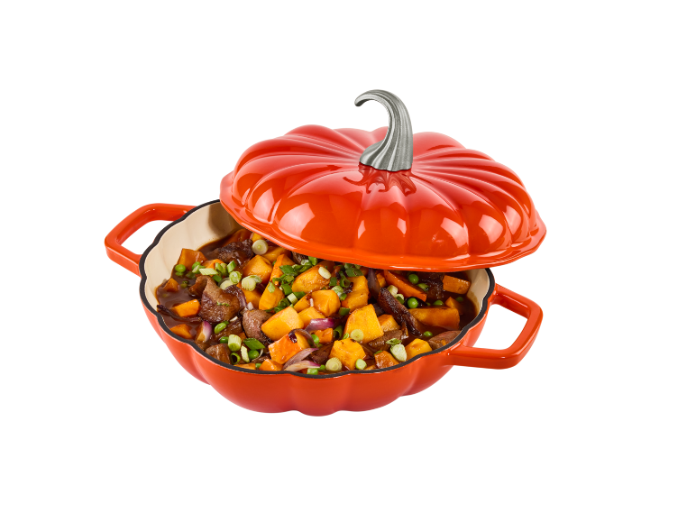 Pompoenvormige braadpan met herfststoofpot