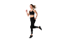 Vrouw in zwarte sportbeha en legging met patroon, rennend.