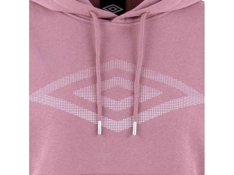 Roze hoodie met een groot wit gestippeld geometrisch patroon.