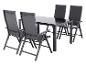 Tuinmeubelset met zwarte tafel en vier opvouwbare stoelen.