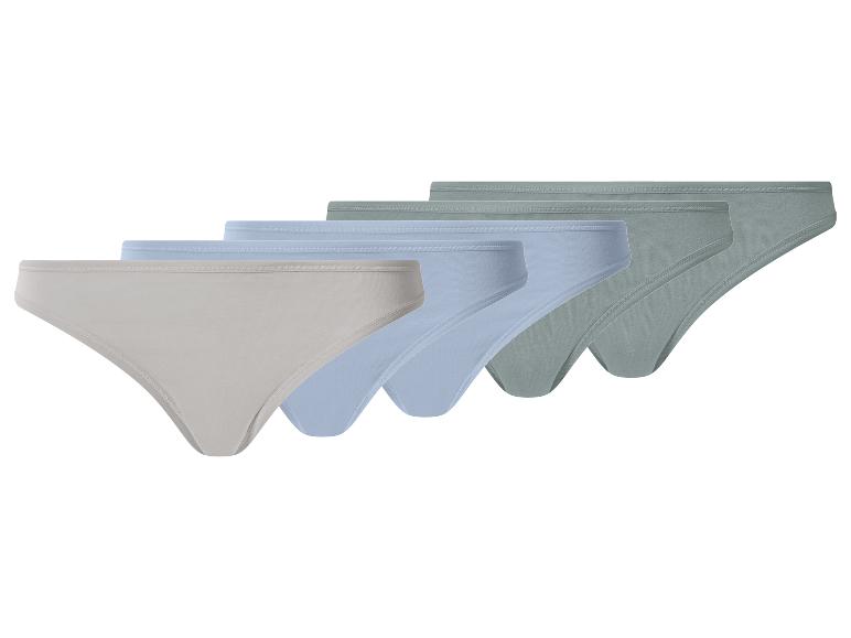 Vier damesonderbroeken in diverse kleuren: beige, lichtblauw en twee grijsgroen.