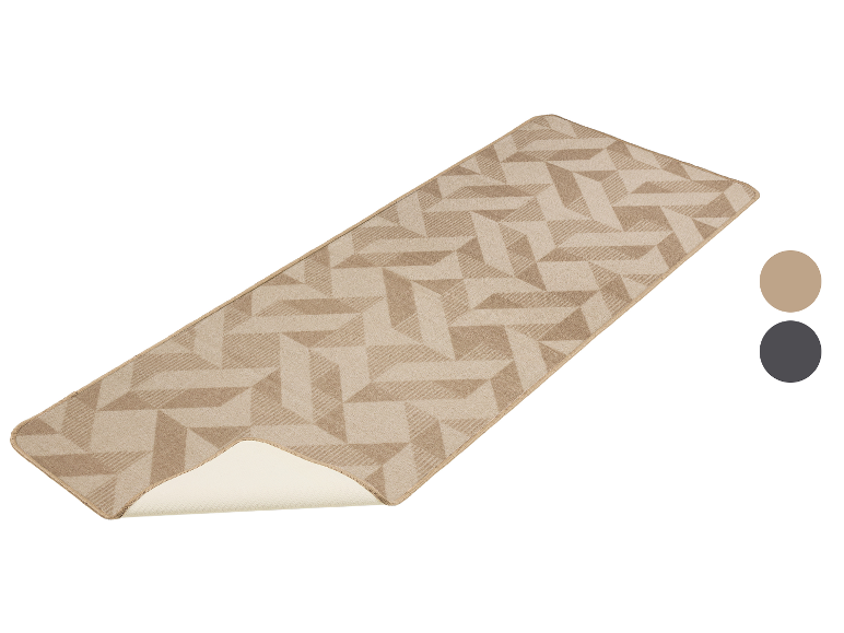 Beige traploper met geometrisch patroon, toont de antislip onderkant.