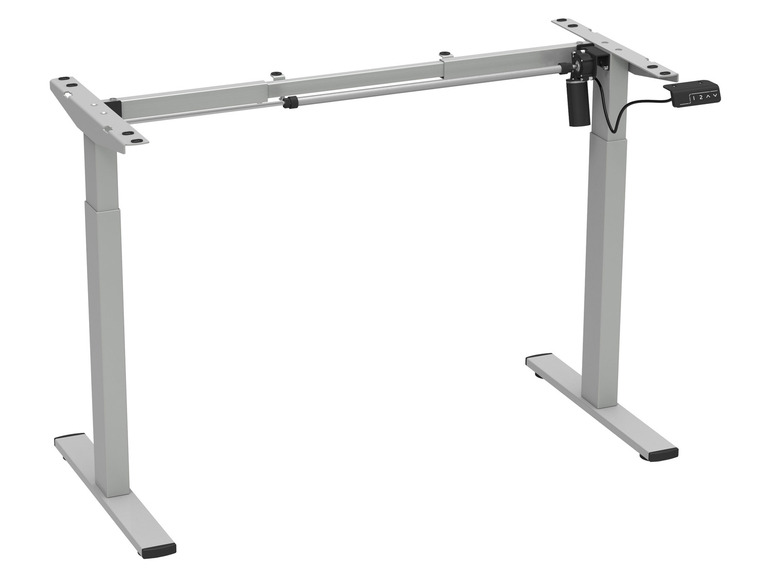 Een grijs metalen onderstel voor een verstelbaar bureau met een bedieningspaneel.