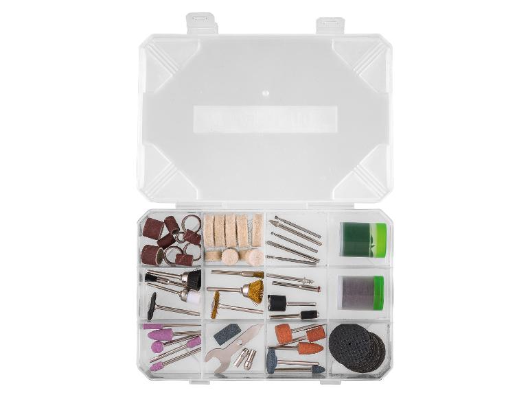 Set accessoires voor roterende gereedschappen in een transparante doos.