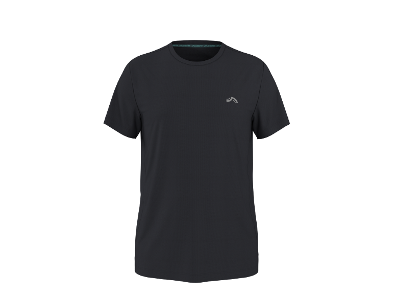 Zwart sport T-shirt met korte mouwen en een klein logo op de borst.