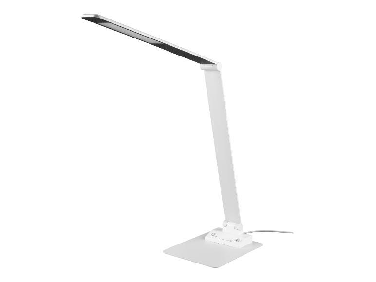 Moderne witte LED-bureaulamp met verstelbare arm en aanraakbedieningsbasis.