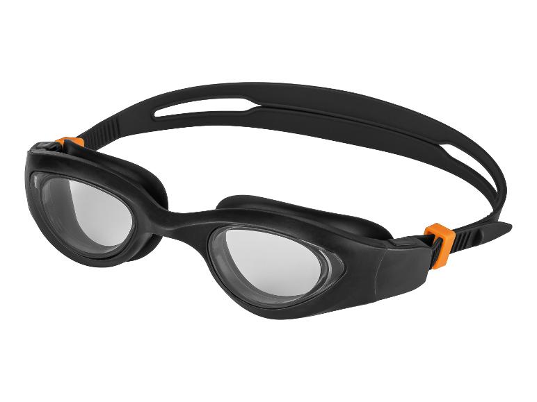 Zwarte zwembril met oranje accenten.