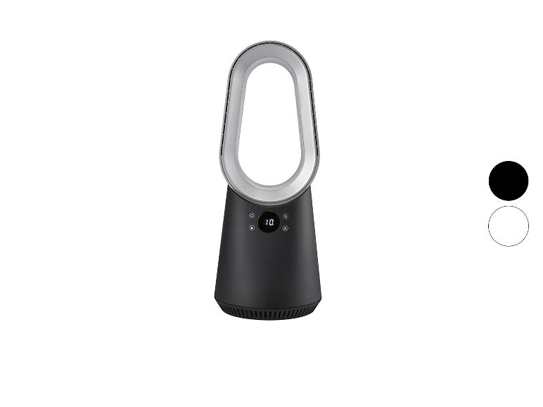 Zwarte bladeloze torenventilator met digitaal display en zilverkleurige accenten.