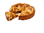Appeltaart met een uitgesneden stuk, bedekt met een gouden raster.