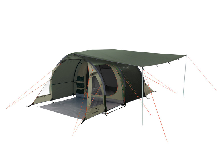 Een groene easy camp tent met luifel.