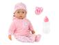 Babypop in roze kleding met hartjes, speen en flesje.