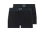 Twee zwarte boxershorts met donkere elastische tailleband en witte tekst