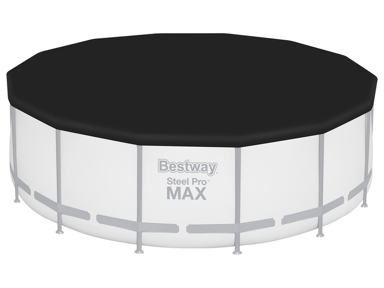 Een zwarte afdekking voor een Bestway Steel Pro Max zwembad.