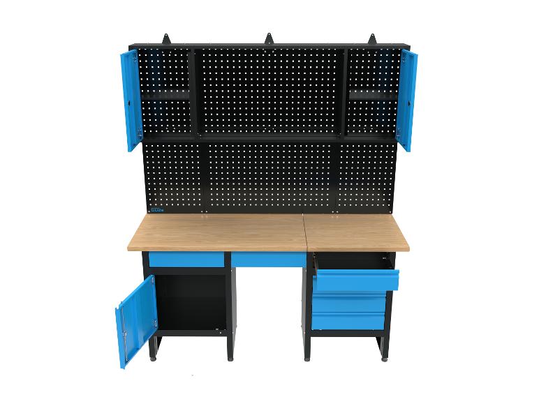 Gude werkbank met veelzijdige kasten en planken.