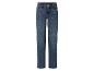 Blauwe damesjeans met hoge taille en rechte pijpen.