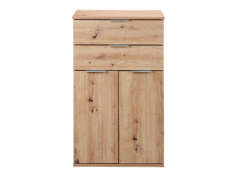 Hoge houten kast met twee laden en twee onderste deuren.