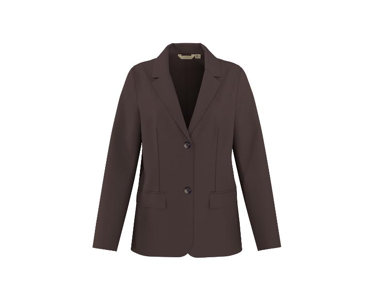 Bruine damesblazer met twee knopen en zakken.