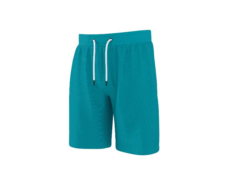 Petrolblauwe sweatshorts met wit trekkoord.