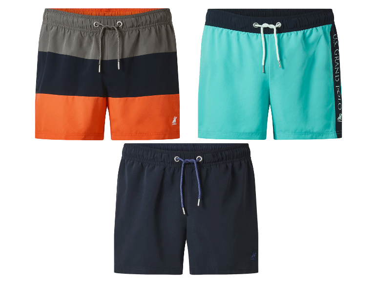 Drie paar U.S. Grand Polo zwembroeken in verschillende kleuren.