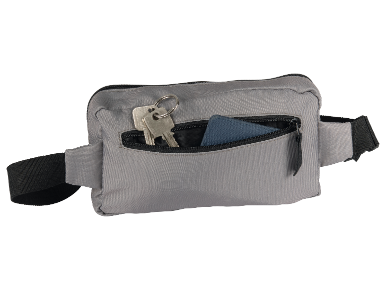 Grijze heuptas met sleutels en portemonnee in het vak.