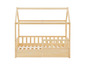 Een houten kinderbed met een huisvormig frame en twee lades.