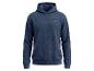 Donkerblauwe herenhoodie met getextureerde stof en een kleine patch op de borst.