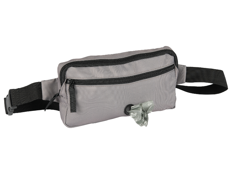 Grijze heuptas met hondenpoepzakjesdispenser.