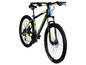 Een blauwe mountainbike met gele details en Kenda banden.