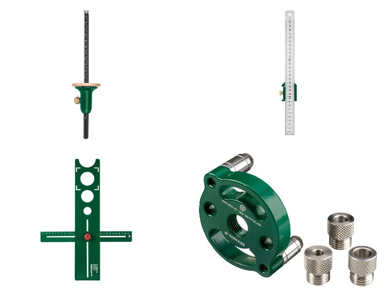 Een Parkside set met gatenboren, een cirkelzaag en een liniaal.