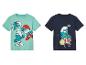 Twee Smurfen T-shirts voor jongens, één met een drumstel en één met verschillende Smurfen.