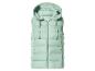 Licht gewatteerd mintgroen mouwloos vest met capuchon en rits.