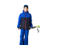 Kind in blauw skipak met gewatteerde jas, broek en skistokken.