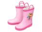 Roze kinderregenlaarzen met stripfiguren en dinosaurussen.